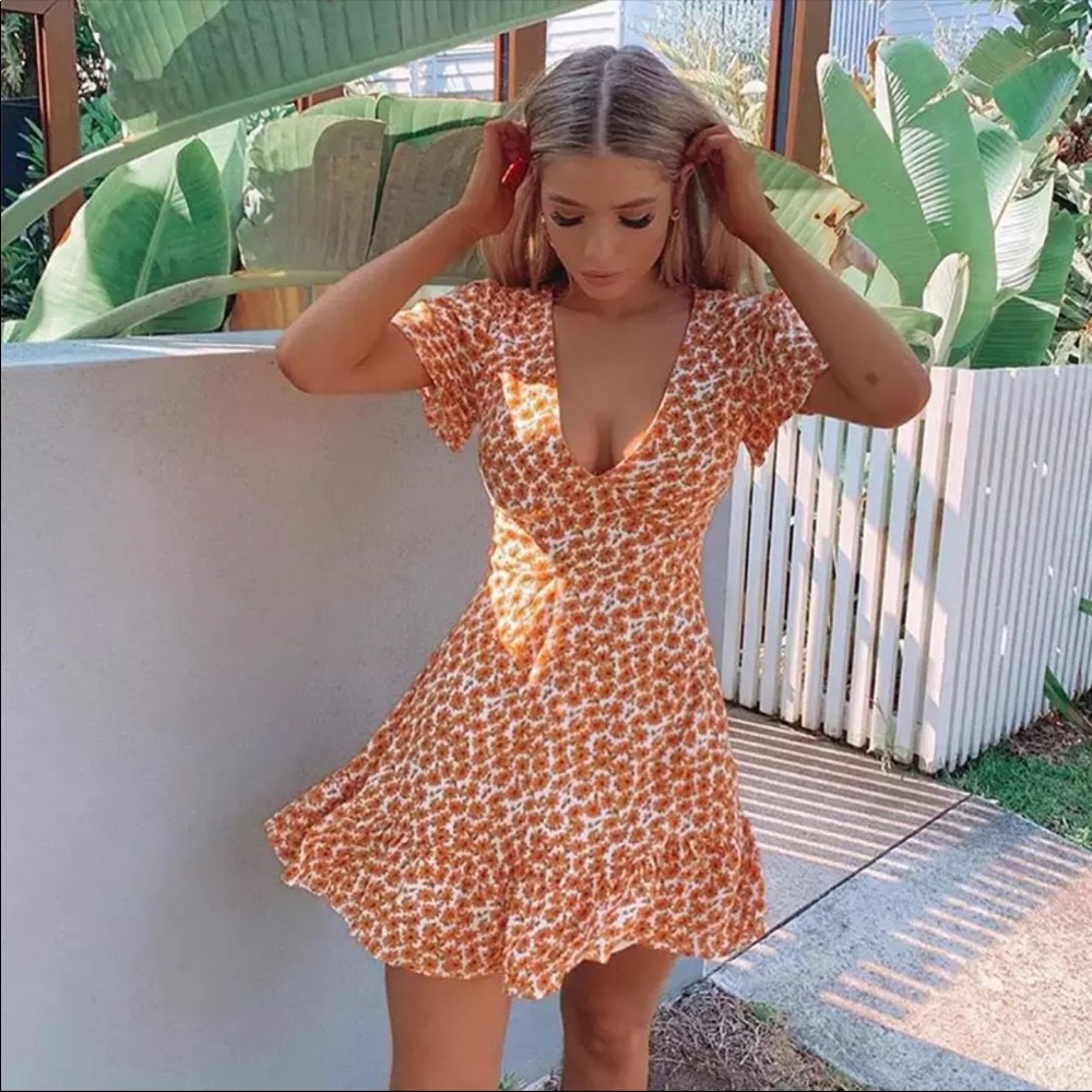 Orange Boho Floral Gypsy Print Short Sleeve Dress - Picture 2 of 8